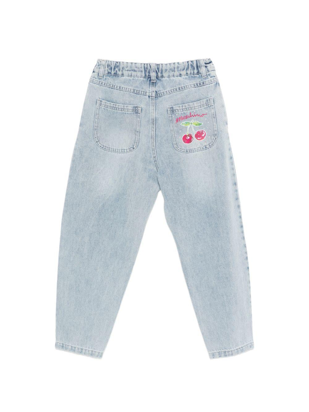 Jeans per bambina Moschino Kids azzurro con stampa ciliegie sul retro - Rubino Kids