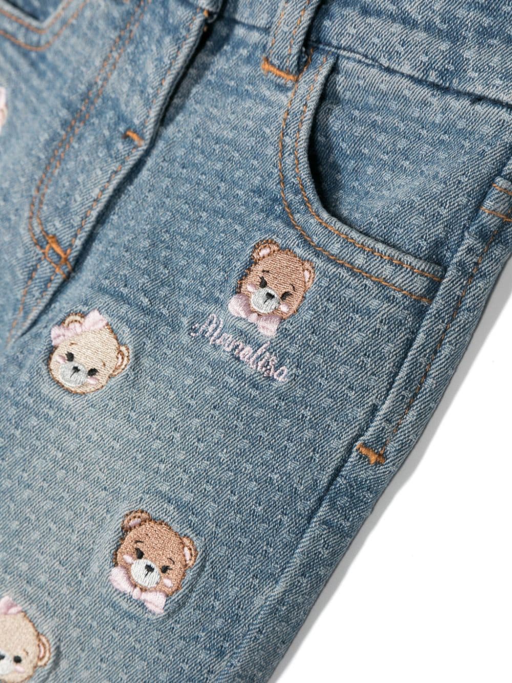 Jeans per neonata Monnalisa in denim con ricamo Teddy Bear - Rubino Kids