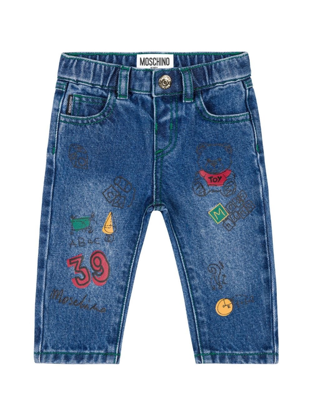 Jeans per neonato Moschino Kids in denim con decorazioni Teddy Bear - Rubino Kids