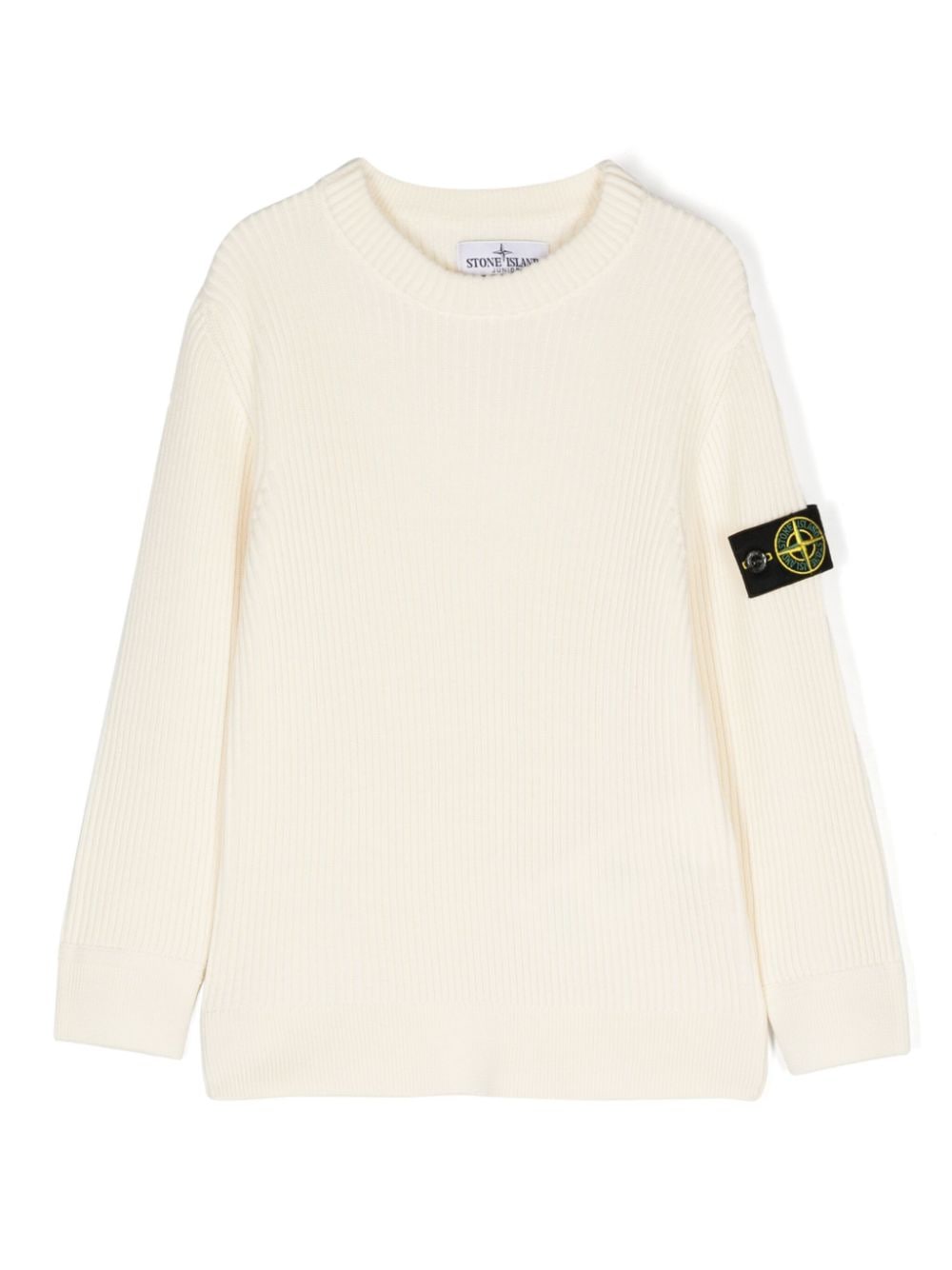 Maglione a costine con stemma della bussola per bambino Stone Island Junior bianco con girocollo - Rubino Kids