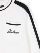 Maglione con logo ricamato per bambino Balmain Kids bianco con bordo a righe - Rubino Kids