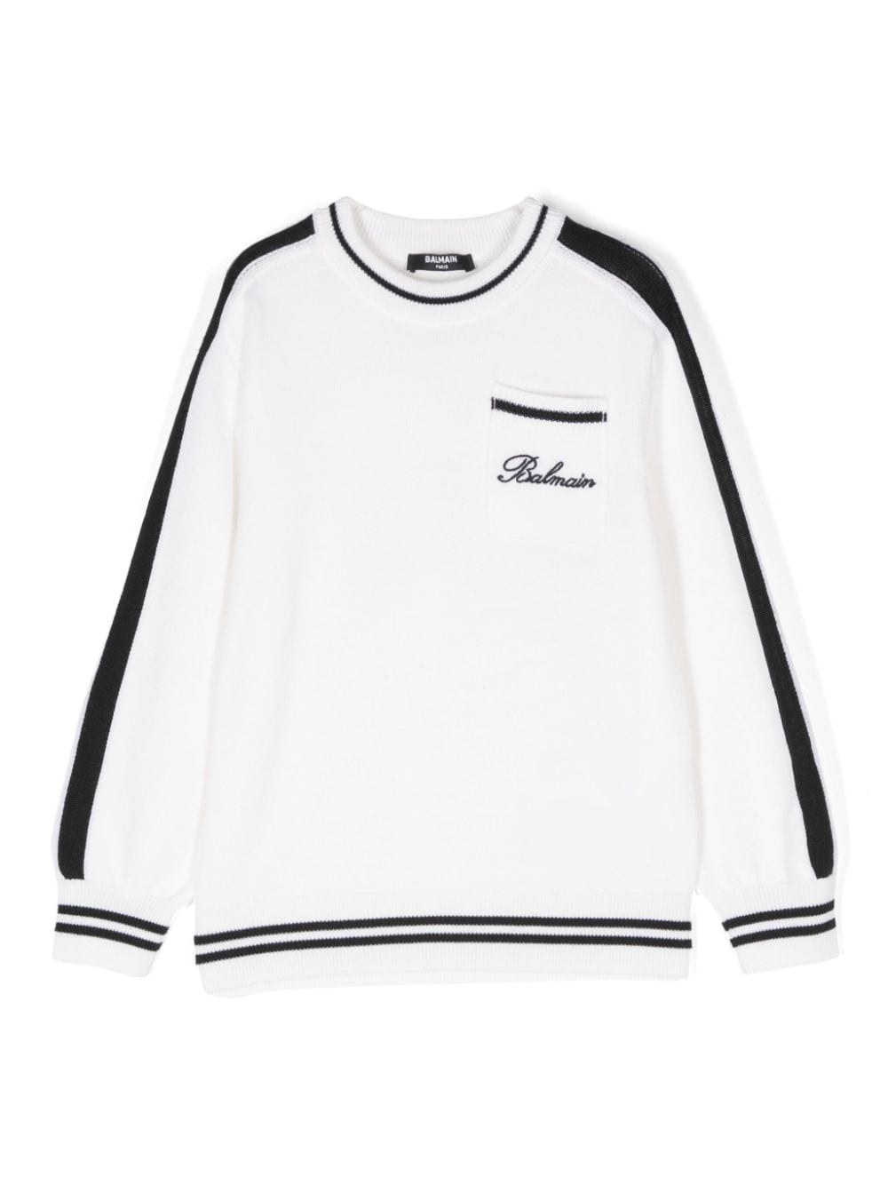 Maglione con logo ricamato per bambino Balmain Kids bianco con bordo a righe - Rubino Kids