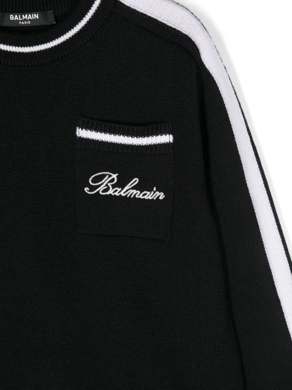 Maglione con logo ricamato per bambino Balmain Kids nero con bordo a righe - Rubino Kids