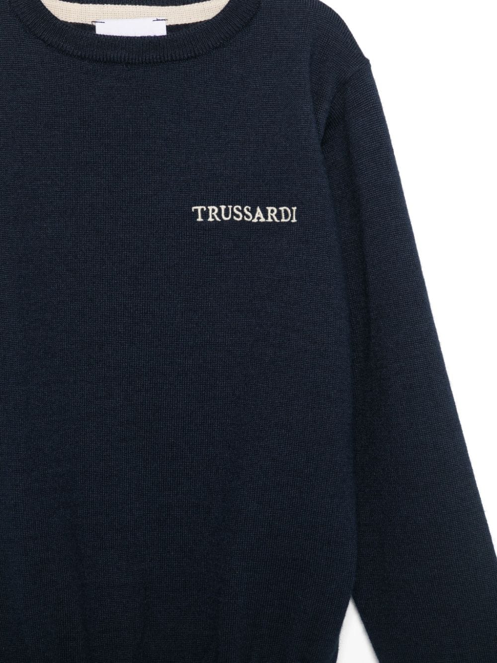 Maglione con logo ricamato per bambino TRUSSARDI JUNIOR blu con bordo a contrasto - Rubino Kids