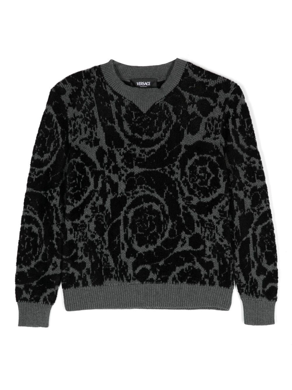 Maglione con motivo Barocco jacquard per bambino Versace Kids nero con scollo rotondo - Rubino Kids