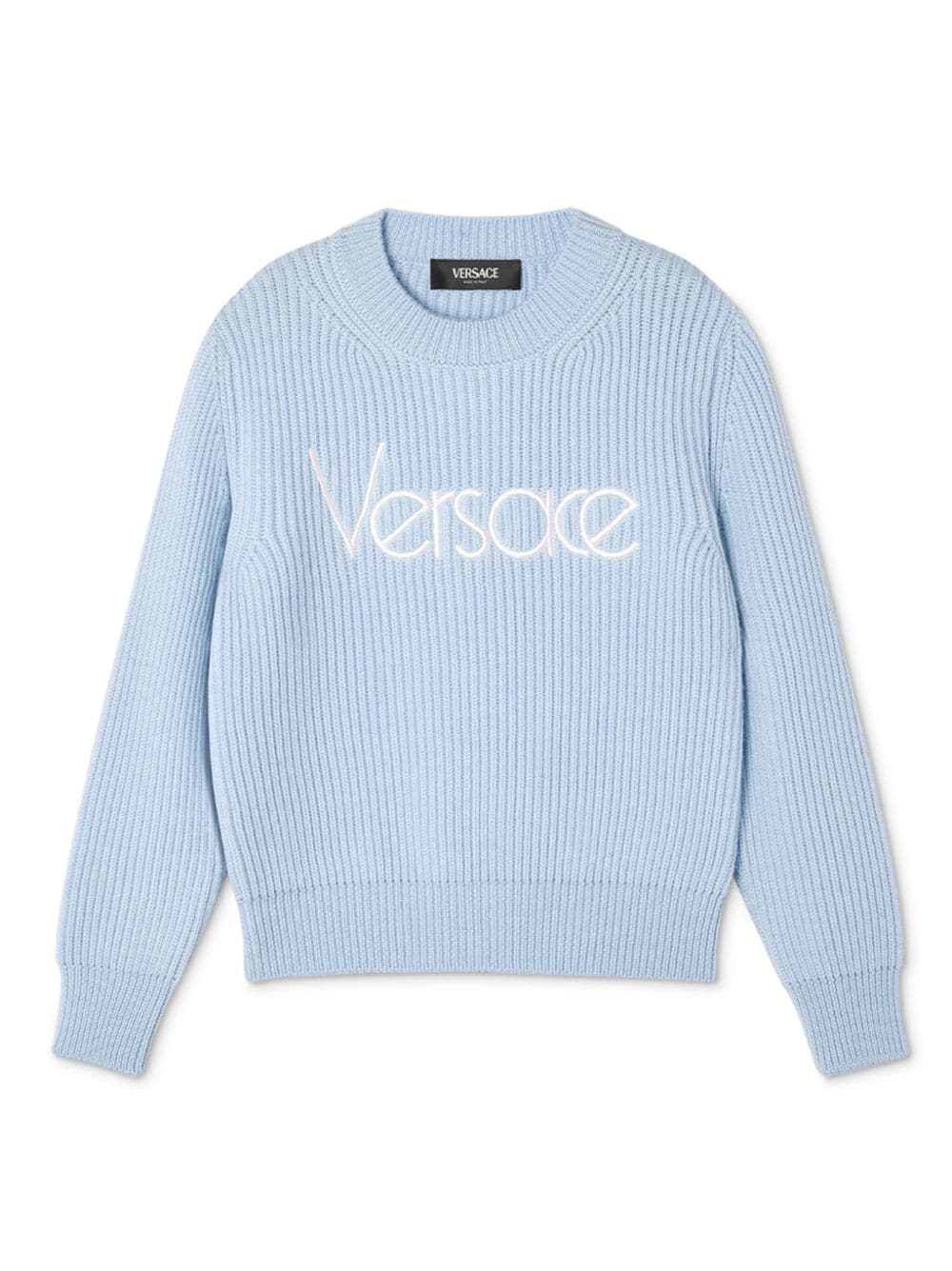 Maglione con ricamo per bambina Versace Kids azzurro con orlo dritto - Rubino Kids