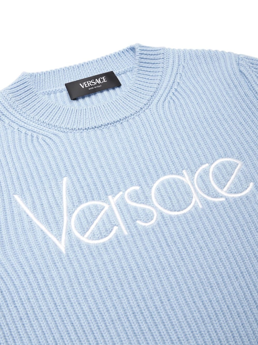 Maglione con ricamo per bambina Versace Kids azzurro con orlo dritto - Rubino Kids