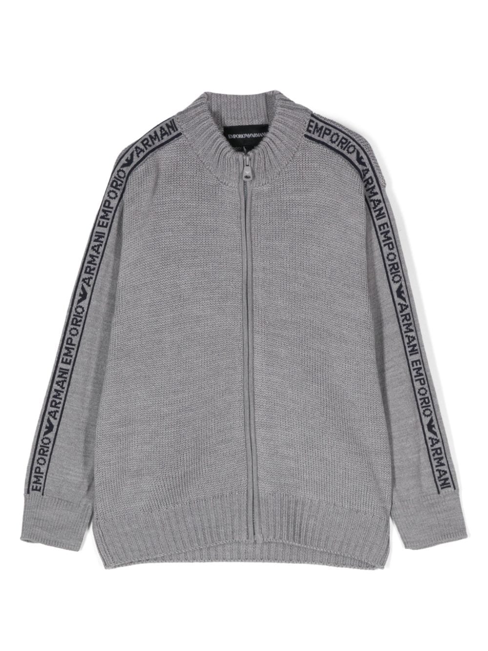 Maglione con zip e logo intarsiato per bambino Emporio Armani Kids grigio con polsini e orlo a coste - Rubino Kids