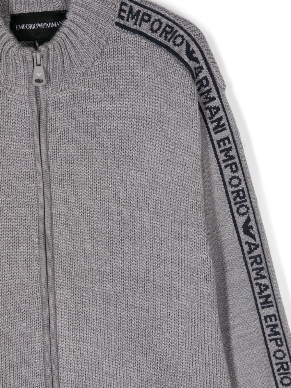 Maglione con zip e logo intarsiato per bambino Emporio Armani Kids grigio con polsini e orlo a coste - Rubino Kids