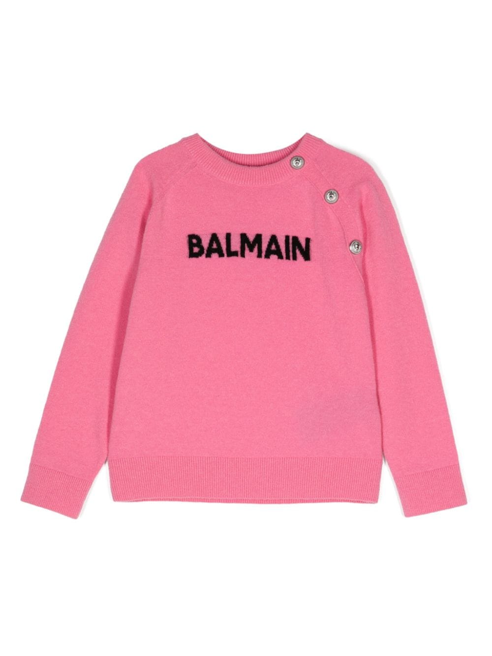 Maglione lavorato a maglia con logo jacquard per bambina Balmain Kids rosa con girocollo - Rubino Kids