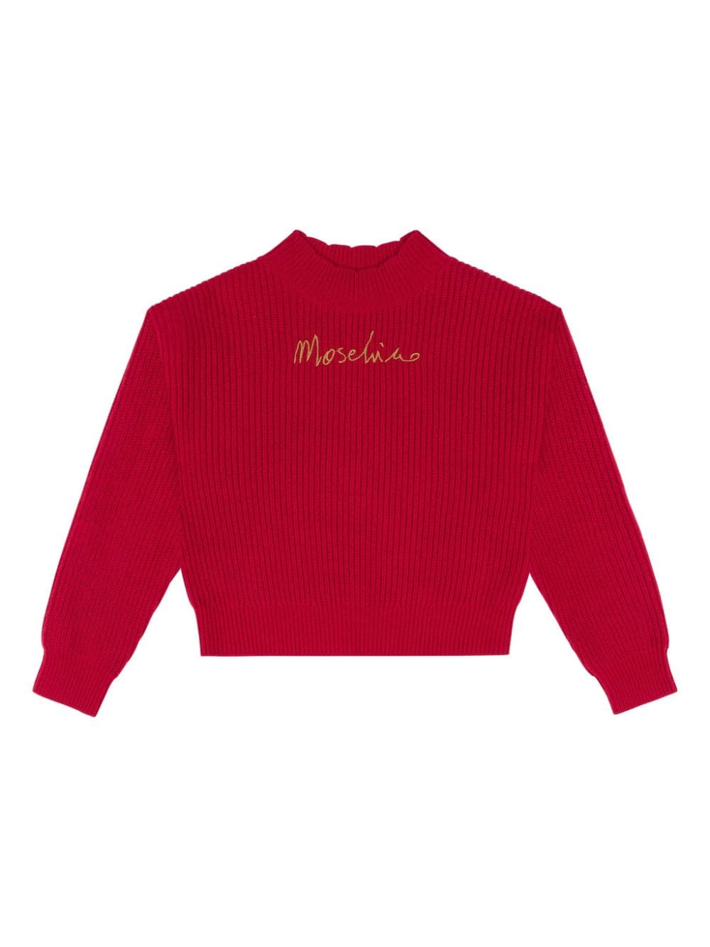 Maglione per bambina Moschino Kids rosso con ricamo logo in oro - Rubino Kids