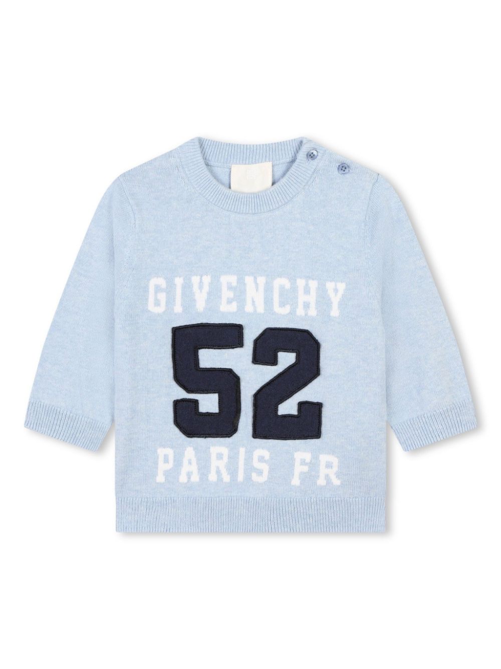 Maglione per neonati Givenchy Kids azzurro girocollo con logo e applicazione frontale con numero - Rubino Kids