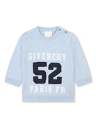 Maglione per neonati Givenchy Kids azzurro girocollo con logo e applicazione frontale con numero - Rubino Kids