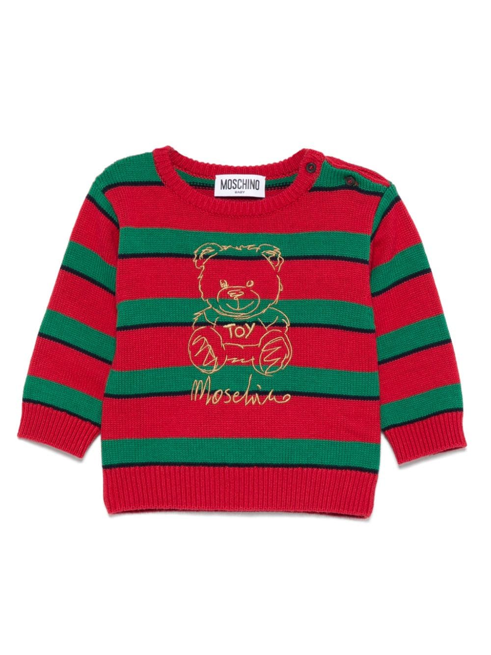 Maglione per neonato Moschino Kids a righe rosso e verde con ricamo Teddy Bear - Rubino Kids