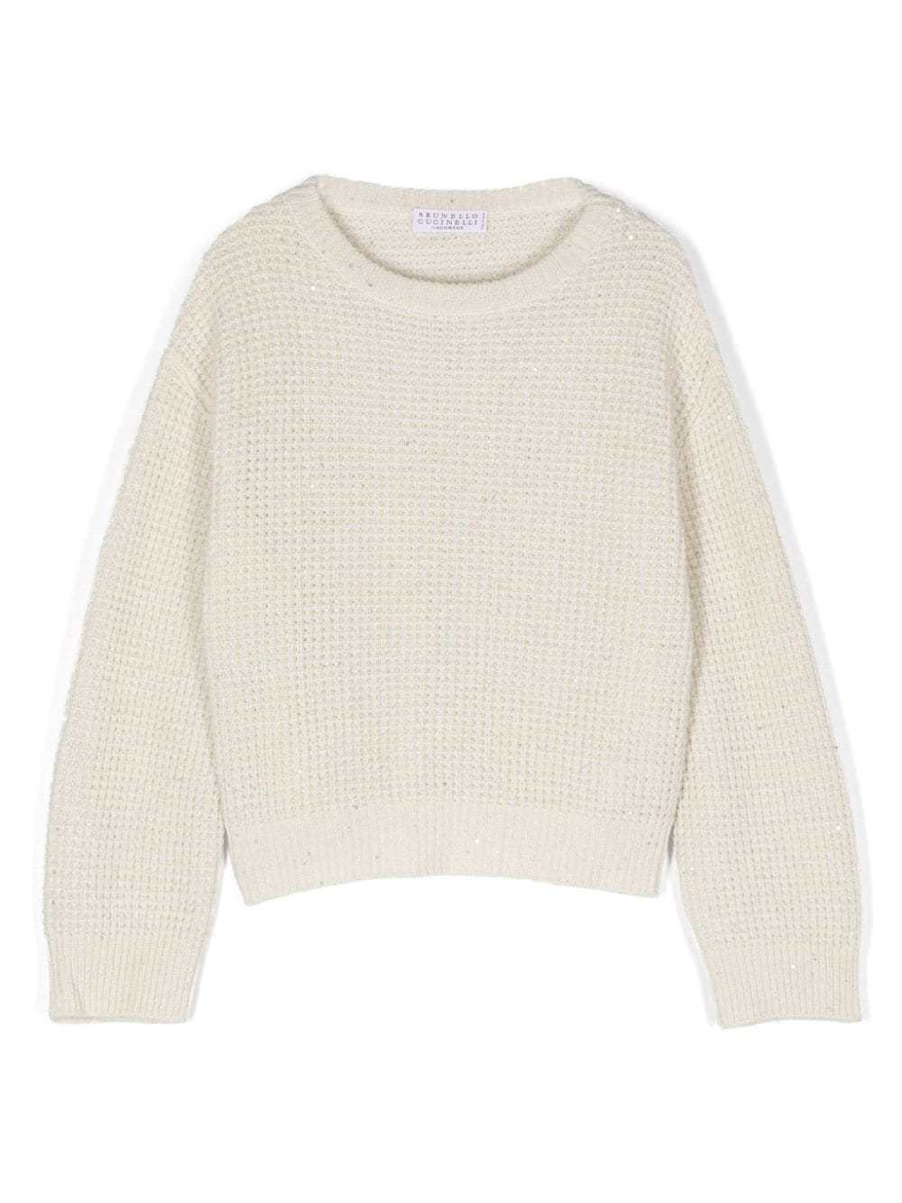 Maglione scintillante per bambina Brunello Cucinelli Kids beige con scollo rotondo - Rubino Kids