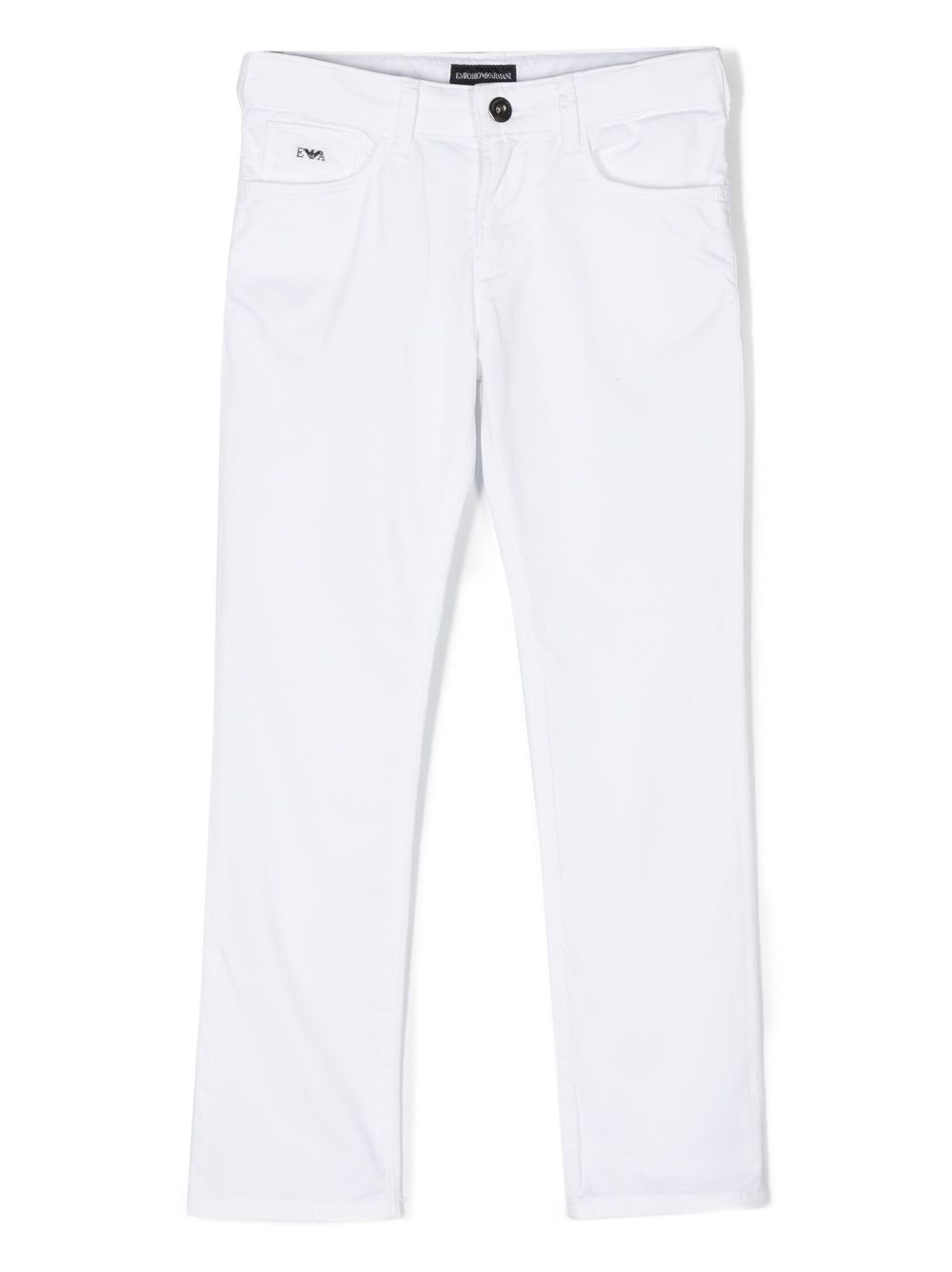 Pantaloni chino per bambino Emporio Armani Kids bianco con placca con logo color argento - Rubino Kids