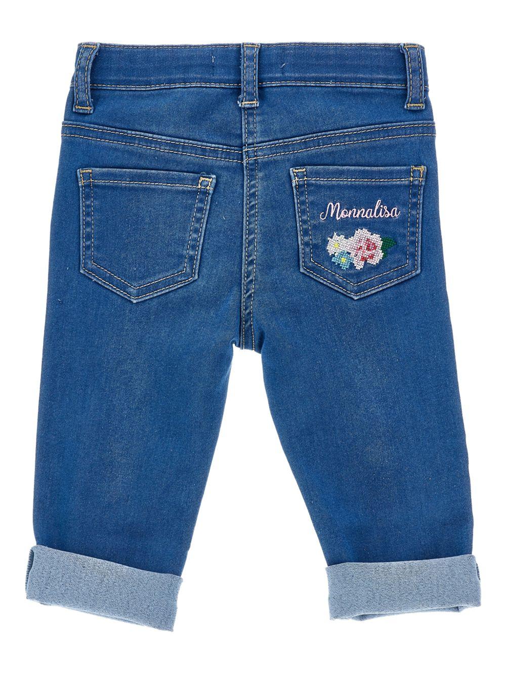 Pantaloni per neonata Monnalisa blu con ricamo a fiori - Rubino Kids