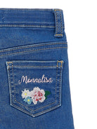 Pantaloni per neonata Monnalisa blu con ricamo a fiori - Rubino Kids