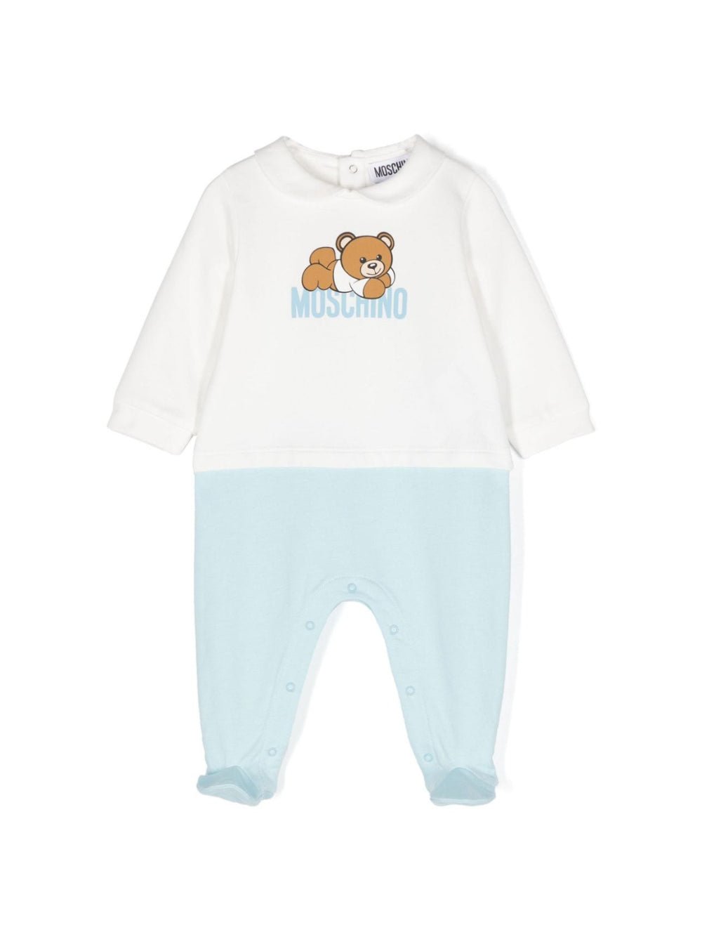 Pigiama per neonato Moschino Kids bianco e azzurro con stampa Teddy Bear - Rubino Kids