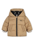 Piumino con cappuccio per neonato BOSS Kidswear beige con orli a coste - Rubino Kids