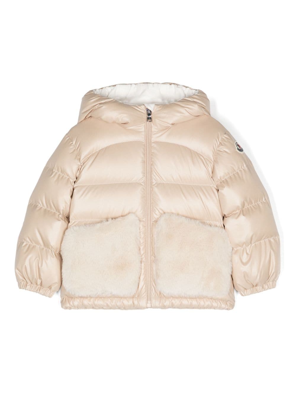 Piumino con cappuccio per neonato Moncler Enfant beige con design imbottito - Rubino Kids