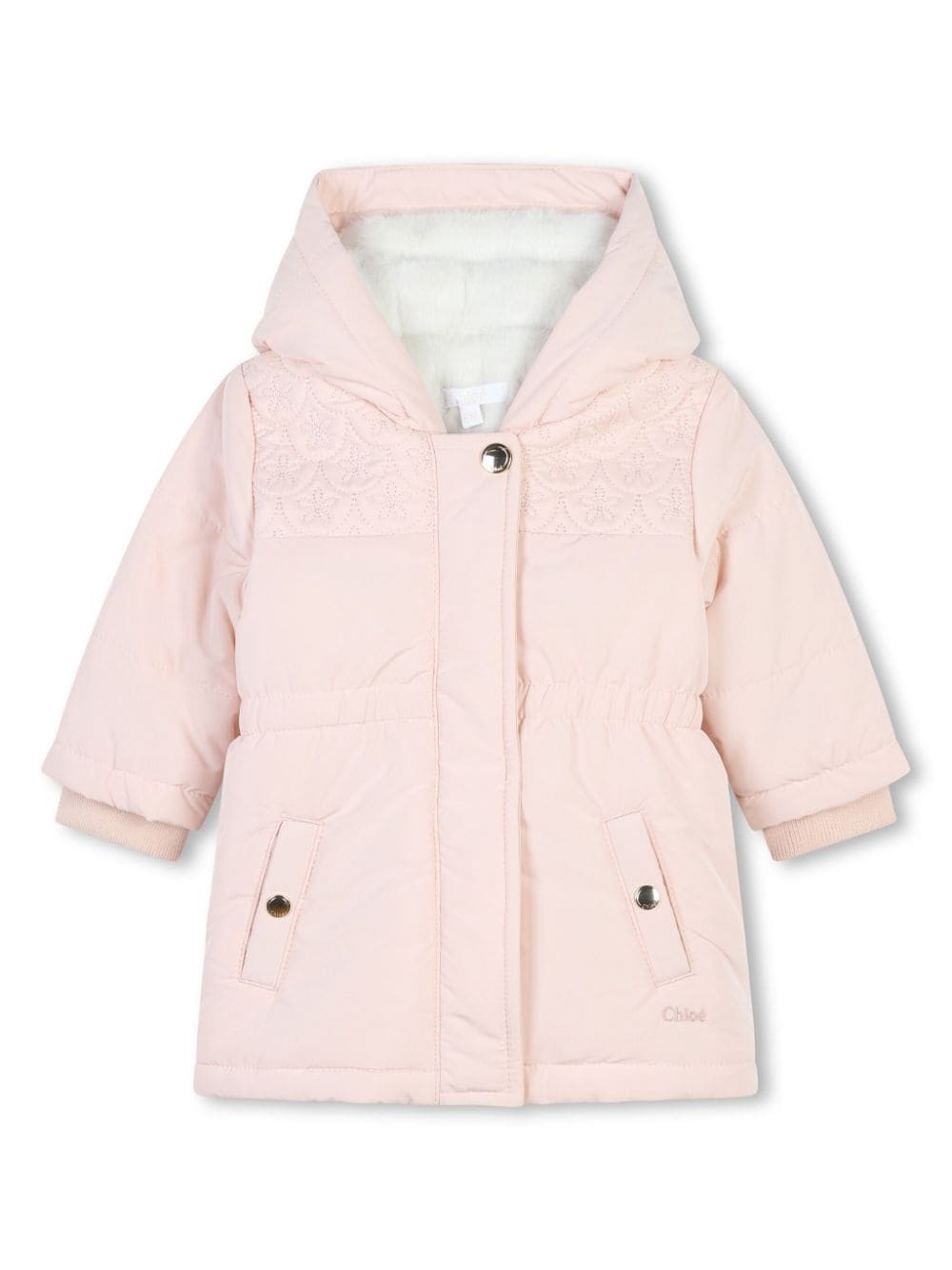 Piumino per neonata Chloé Kids rosa con cappuccio e fodera in pelliccia - Rubino Kids