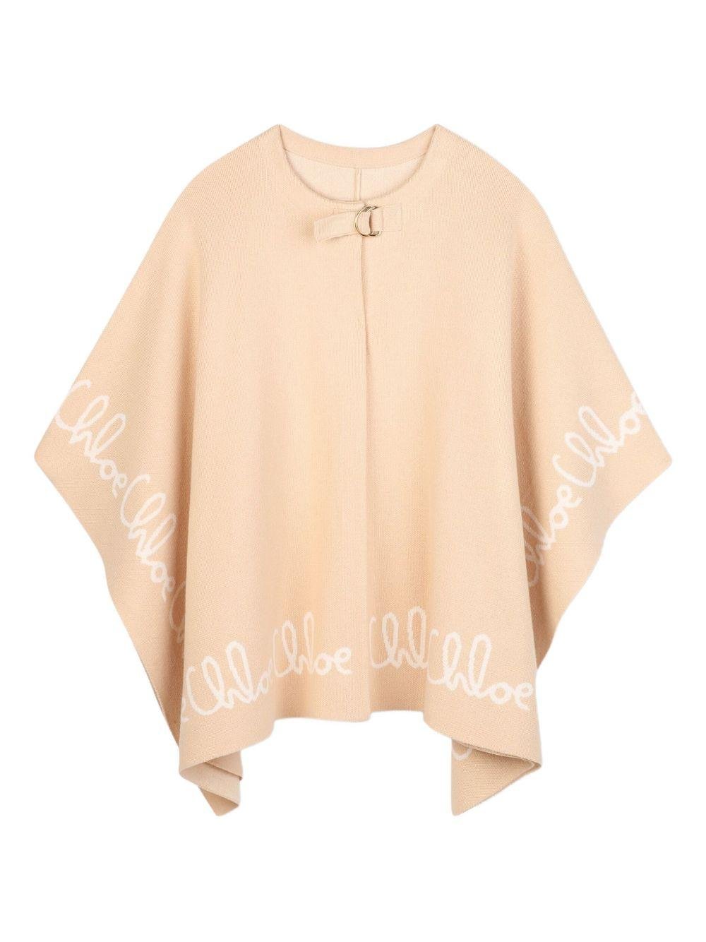 Poncho per bambina Chloé Kids beige con ricamo logo oversize - Rubino Kids