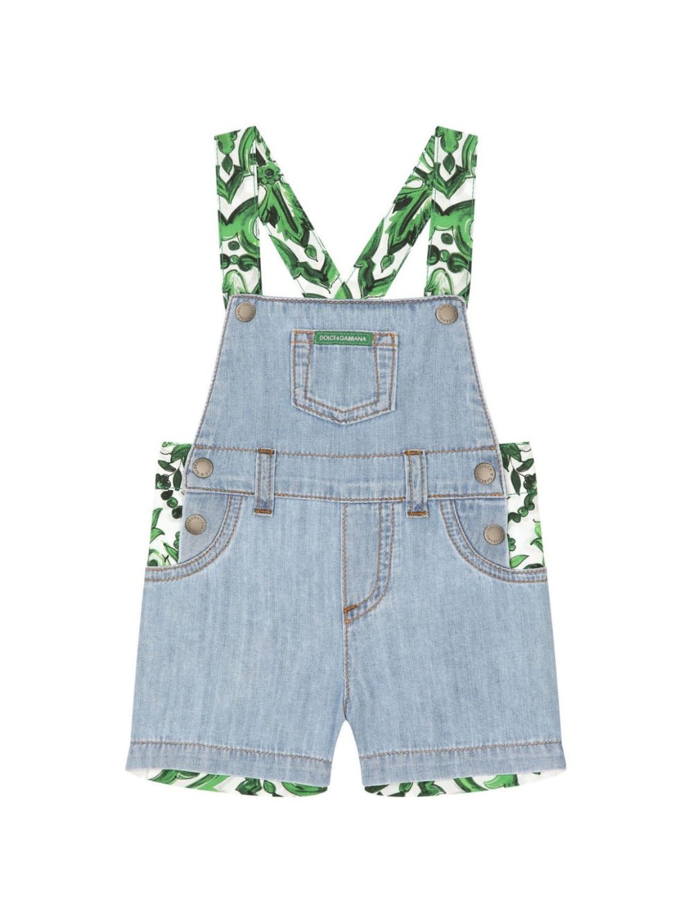 Salopette per neonati Dolce & Gabbana Kids in denim con stampa maioliche - Rubino Kids