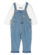 Salopette per neonati Moschino Kids in denim con applicazione Teddy Bear sulla tasca anteriore - Rubino Kids