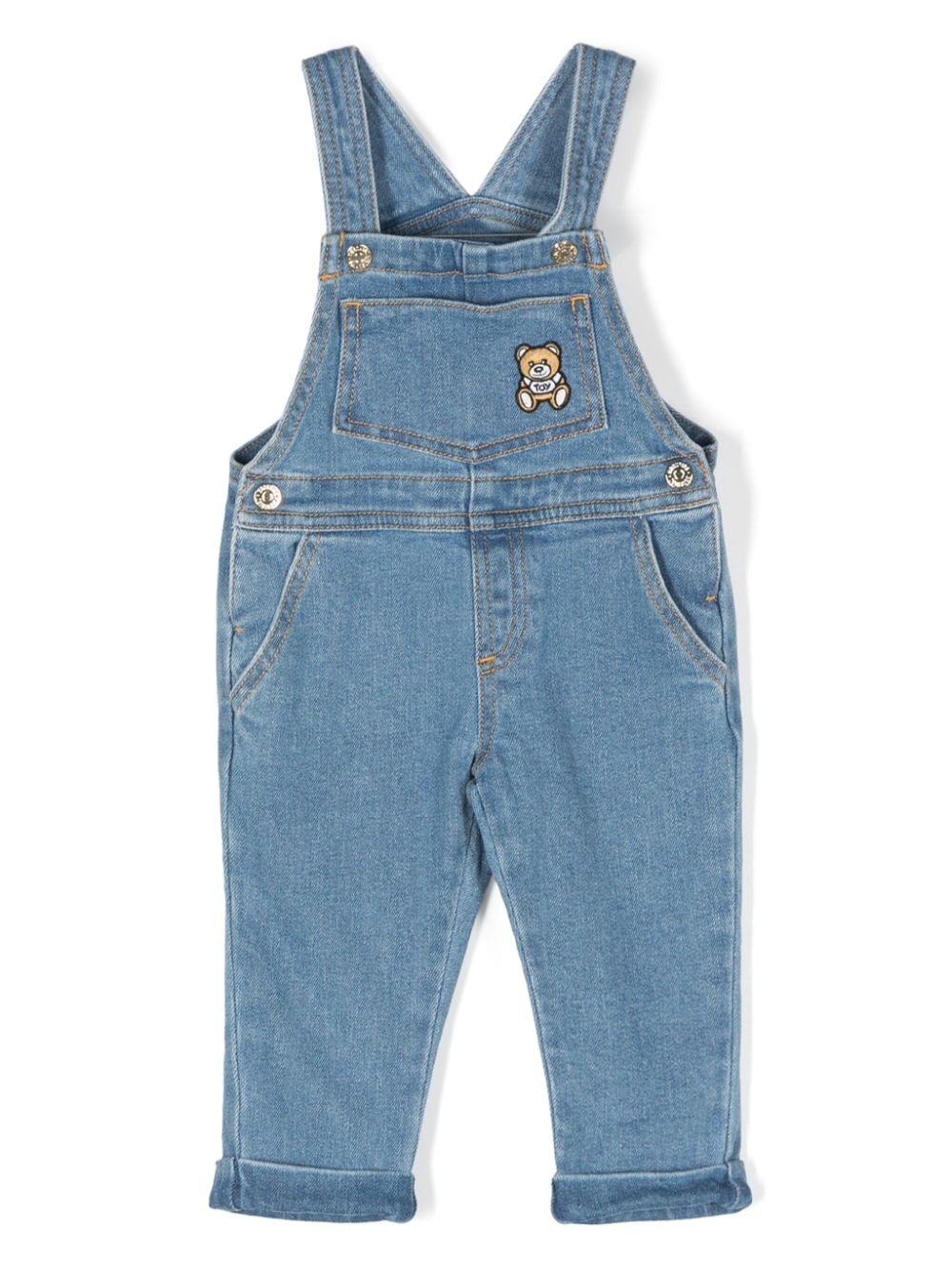 Salopette per neonati Moschino Kids in denim con applicazione Teddy Bear sulla tasca anteriore - Rubino Kids