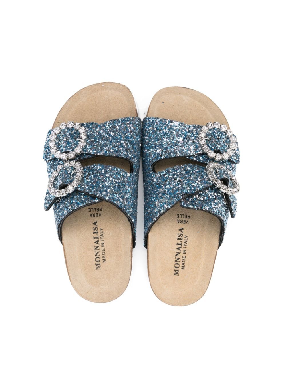 Sandali slides per bambina Monnalisa azzurro con glitter e doppia fibbia - Rubino Kids