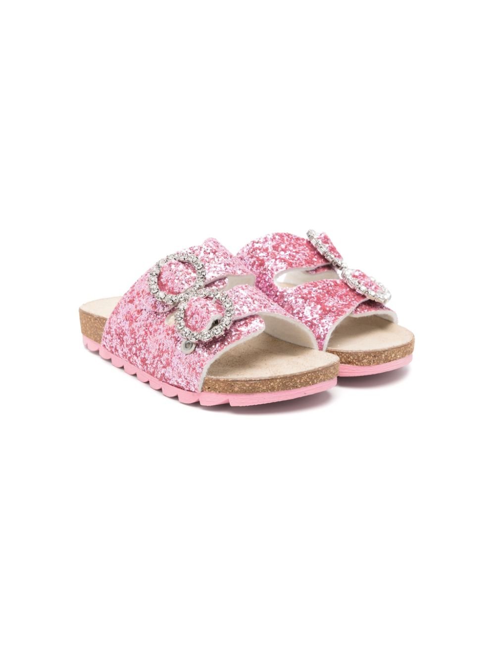 Sandali slides per bambina Monnalisa rosa con glitter e doppia fibbia - Rubino Kids