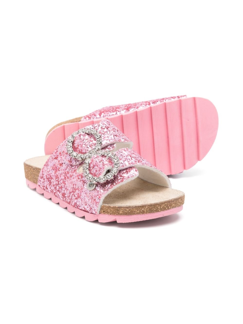 Sandali slides per bambina Monnalisa rosa con glitter e doppia fibbia - Rubino Kids