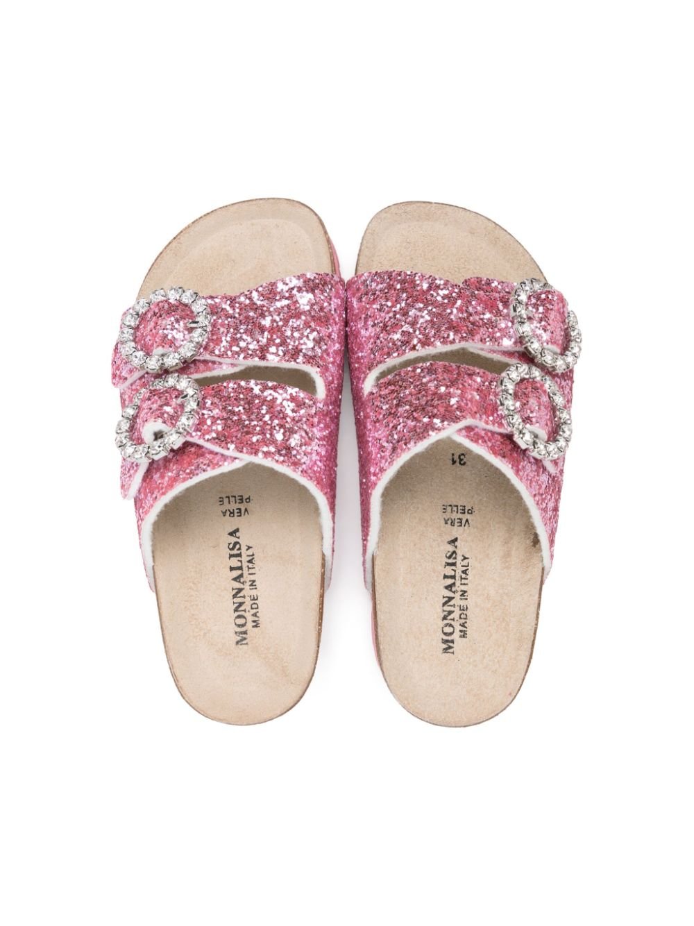 Sandali slides per bambina Monnalisa rosa con glitter e doppia fibbia - Rubino Kids