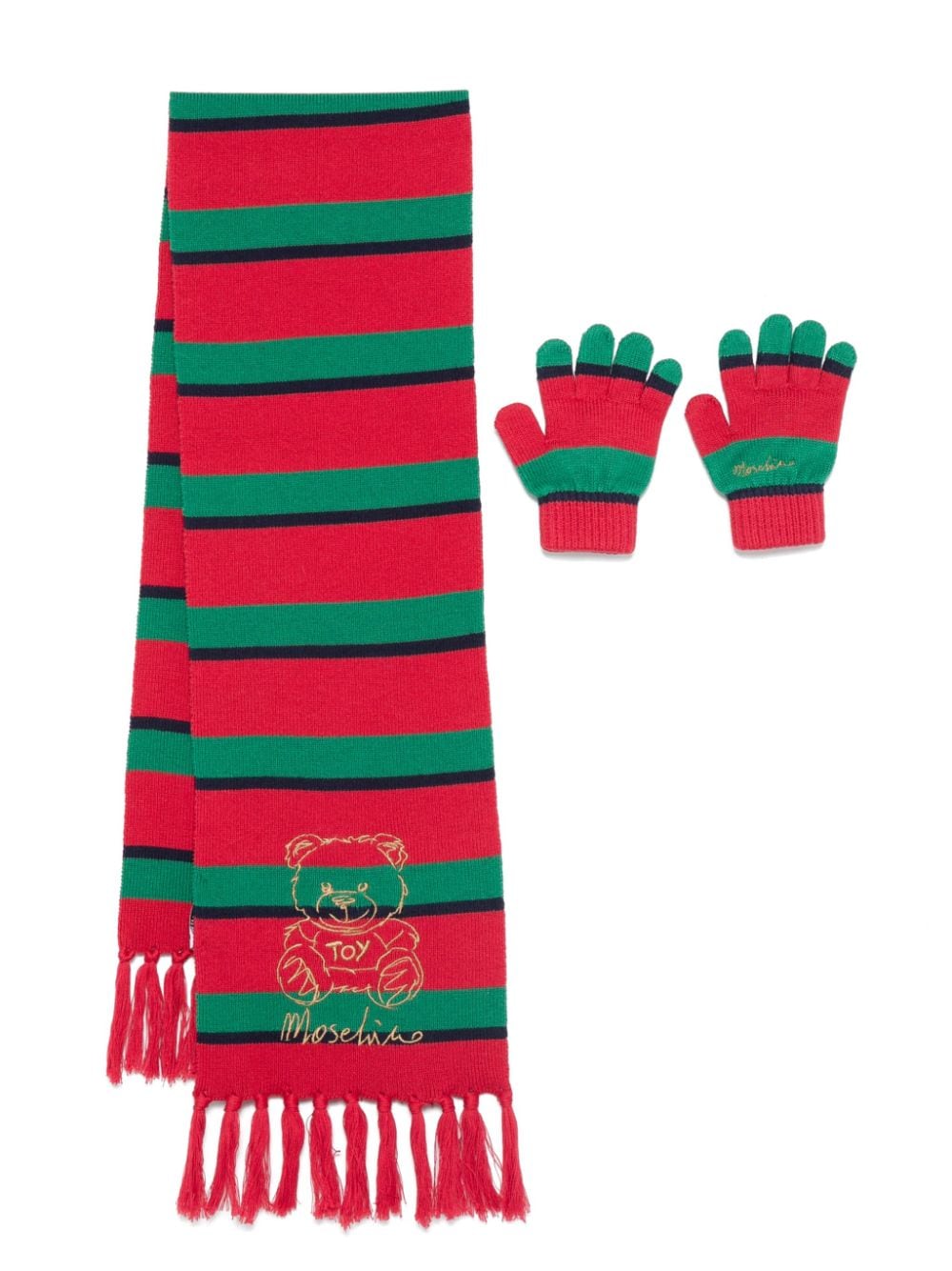 Sciarpa e guanti per bambino Moschino Kids rosso e verde con orsetto stampato - Rubino Kids