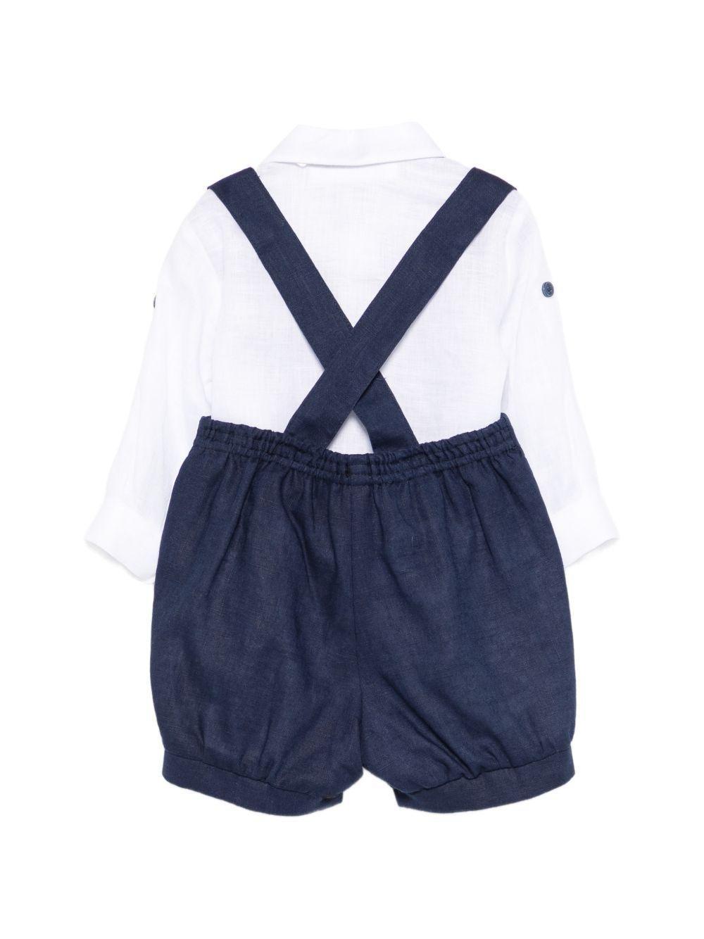 Set camicia e salopette per neonato Colorichiari bianco e blu con fiocco (3 pezzi) - Rubino Kids