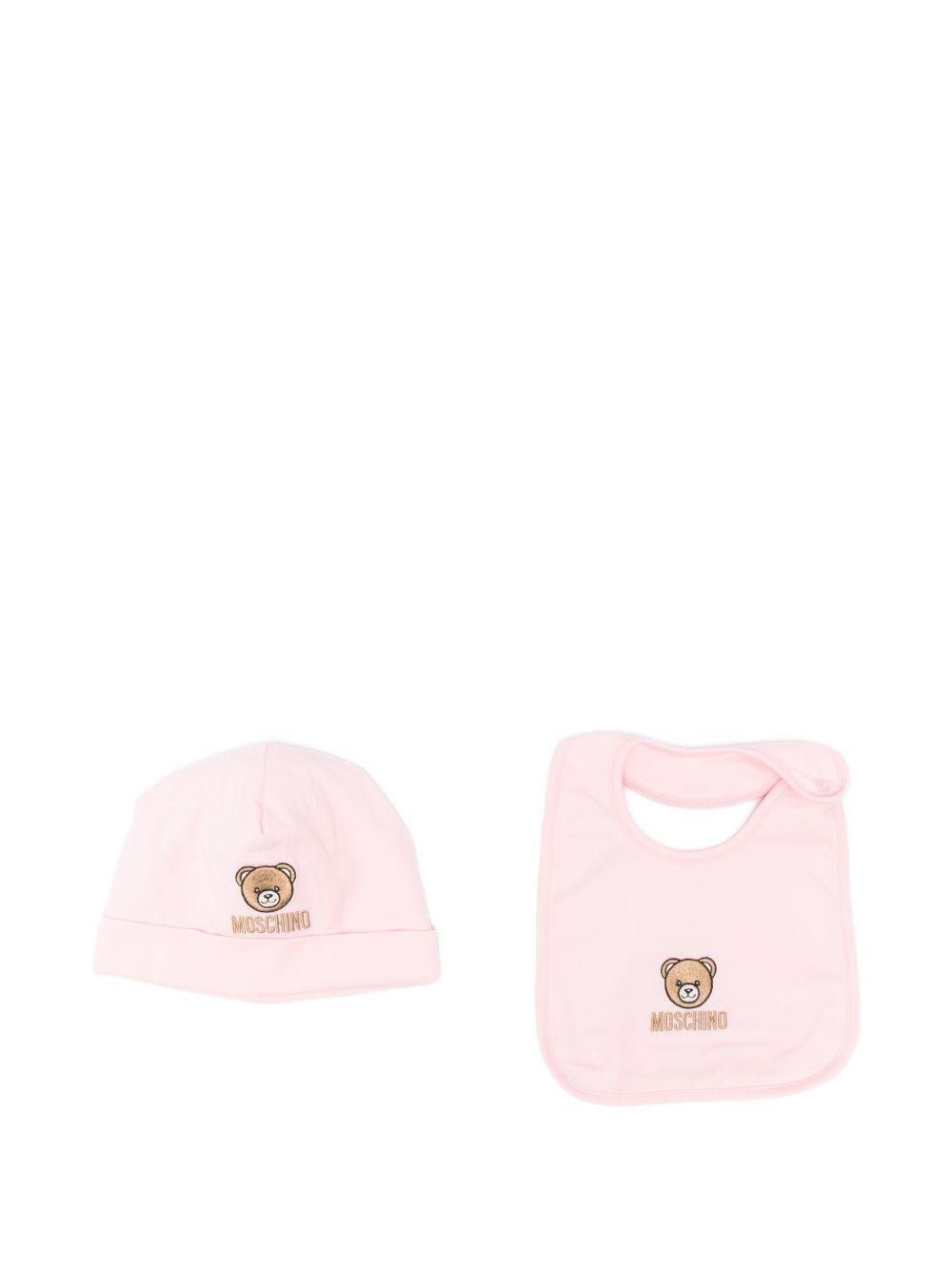 Set cappello e bavaglino per neonata Moschino Kids rosa con ricamo Teddy Bear - Rubino Kids