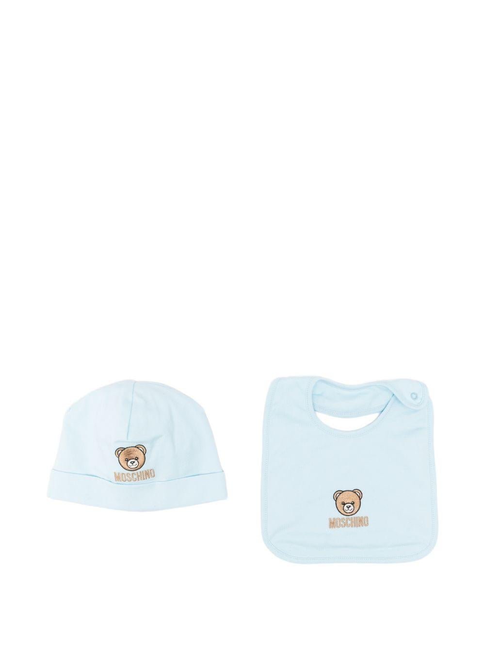 Set cappello e bavaglino per neonato Moschino Kids azzurro con ricamo Teddy Bear - Rubino Kids