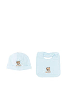 Set cappello e bavaglino per neonato Moschino Kids azzurro con ricamo Teddy Bear - Rubino Kids