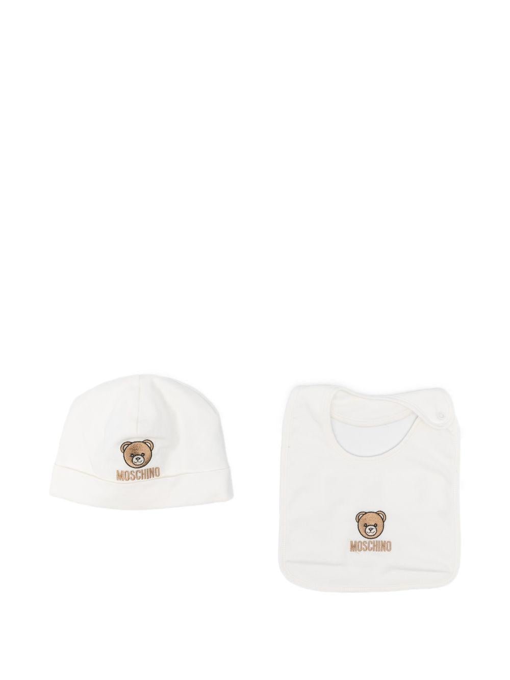 Set cappello e bavaglino per neonato Moschino Kids bianco con ricamo Teddy Bear - Rubino Kids