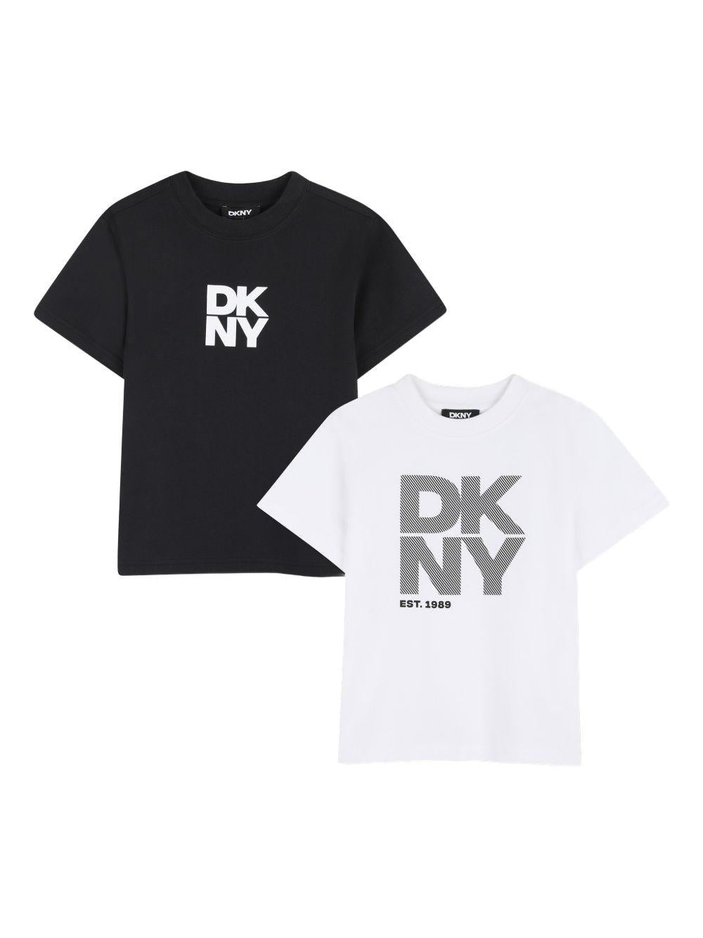 Set di due t-shirt per bambino Dkny Kids bianco e nero con stampa con logo - Rubino Kids