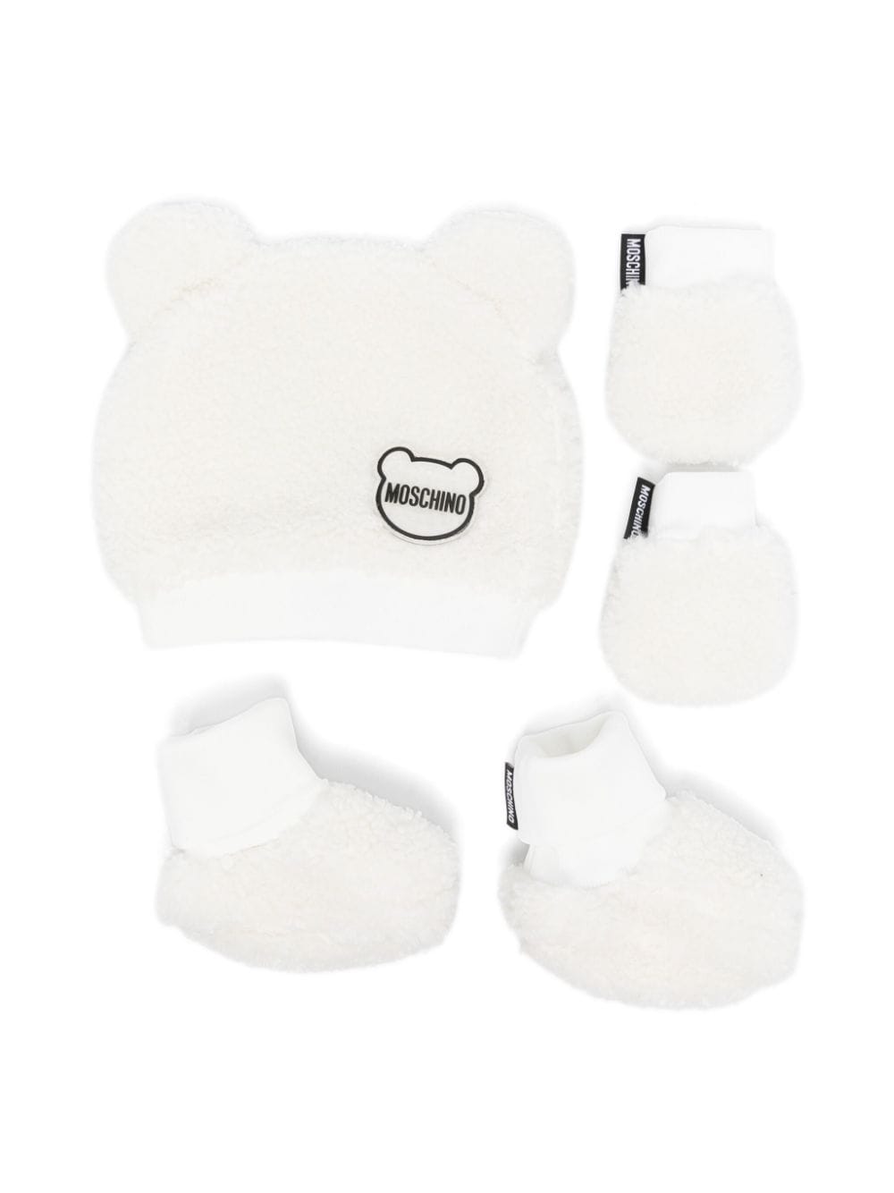 Set per neonati Moschino Kids bianco con cappello, muffole e scarpine - Rubino Kids