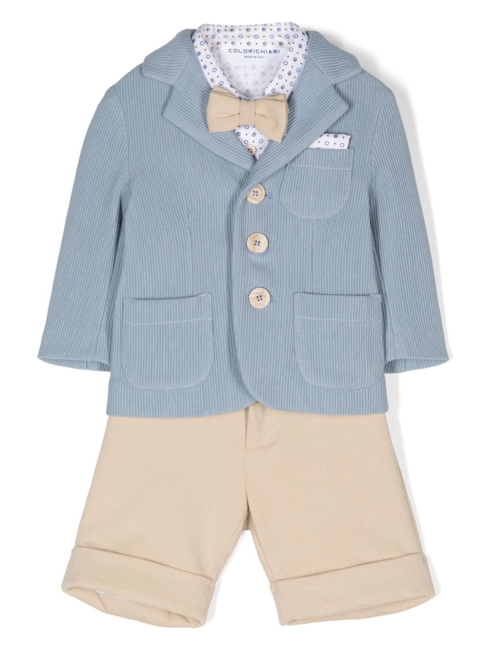 Set shorts azzurro e beige con giacca monopetto Colorichiari - Rubino Kids