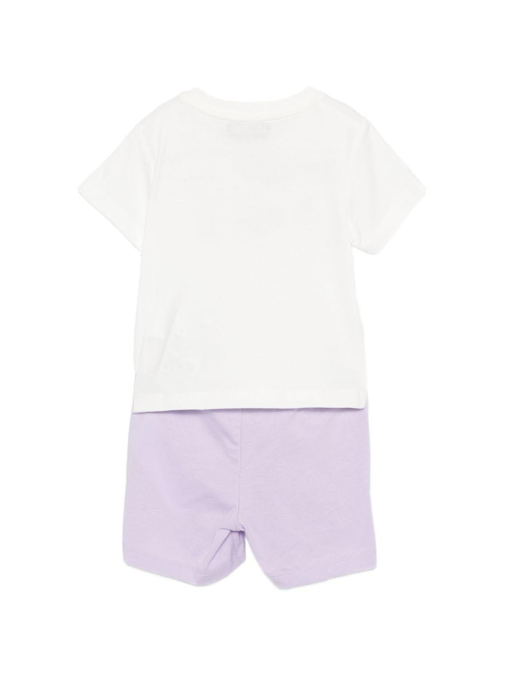 Set t-shirt e shorts per neonata Moschino Kids bianco e lilla con stampa - Rubino Kids
