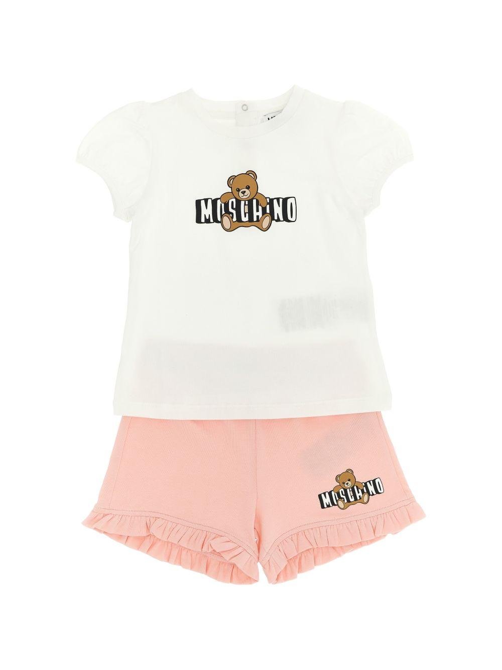 Set t-shirt e shorts per neonata Moschino Kids rosa con stampa Teddy Bear - Rubino Kids