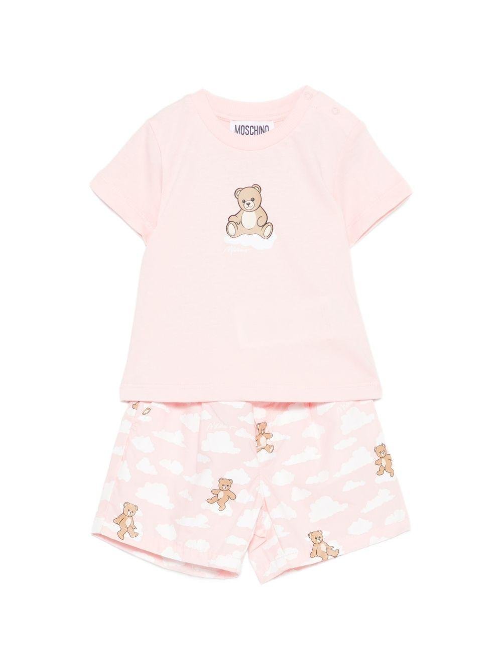 Set t-shirt e shorts per neonata Moschino Kids rosa con stampa Teddy sul davanti - Rubino Kids
