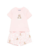 Set t-shirt e shorts per neonata Moschino Kids rosa con stampa Teddy sul davanti - Rubino Kids