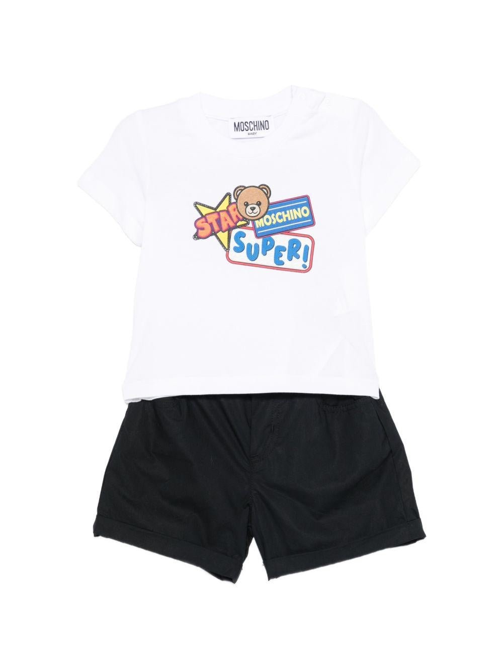 Set t-shirt e shorts per neonato Moschino Kids bianco e nero con stampa grafica sul davanti - Rubino Kids