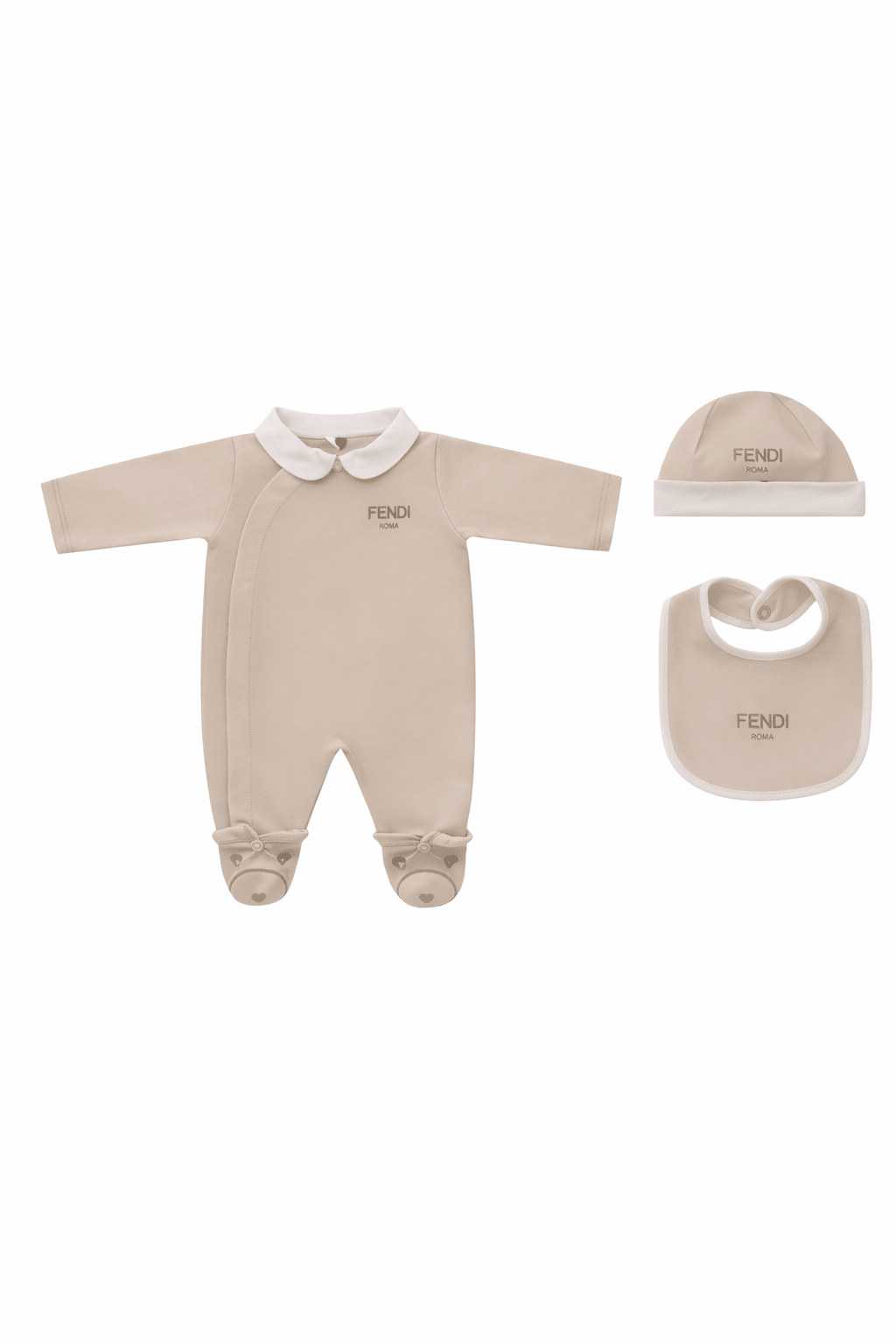 Set tre pezzi per neonata Fendi Kids beige con logo Fendi - Rubino Kids