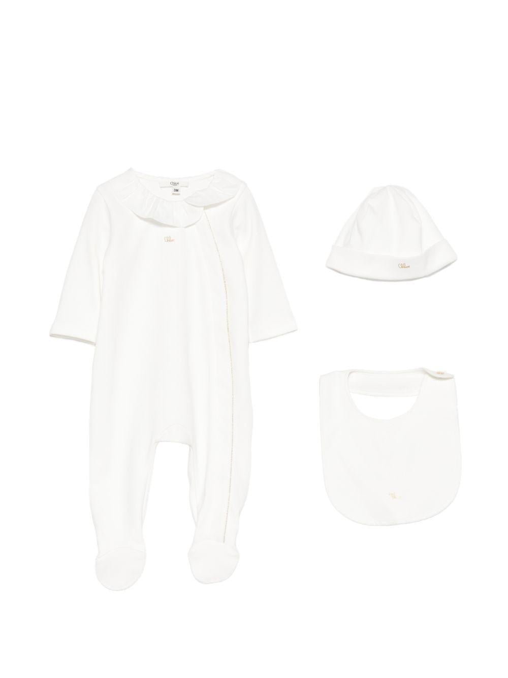 Set tutina, bavaglino e cappellino per neonata Chloé Kids bianco con colletto arricciato - Rubino Kids